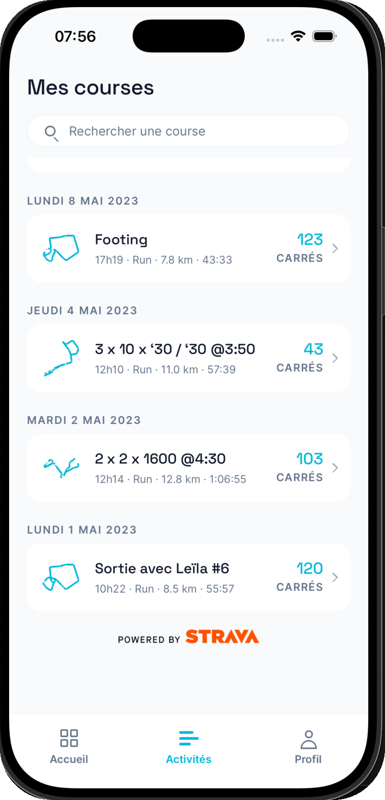 Liste des courses avec les carrés débloqués dans RunQuest