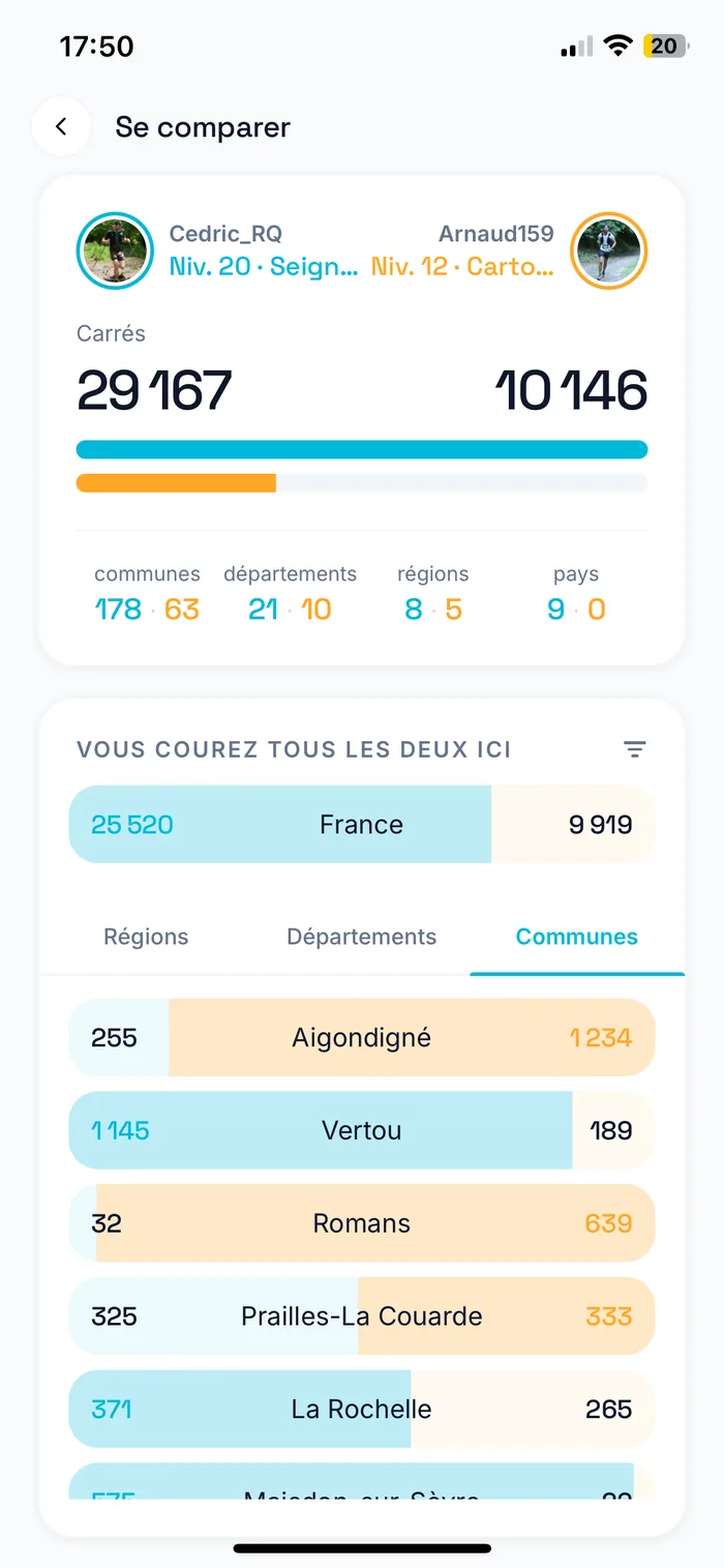 Écran RunQuest : comparaison de deux coureurs — carrés, communes et zones communes