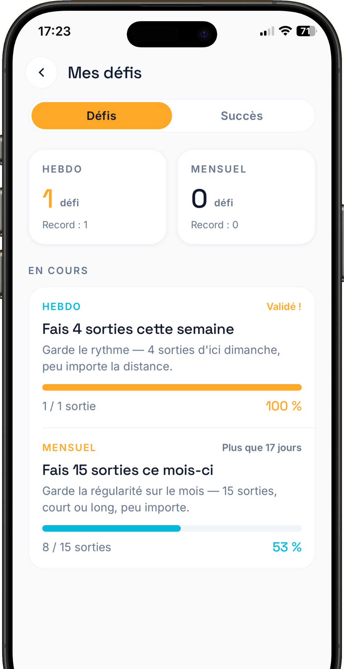 Écran des défis hebdomadaires et mensuels de RunQuest