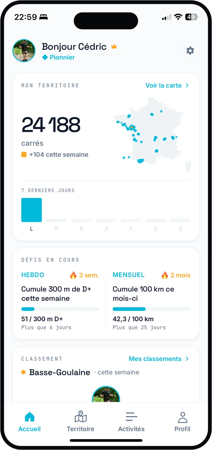 Écran RunQuest : défi hebdomadaire et défi mensuel en cours
