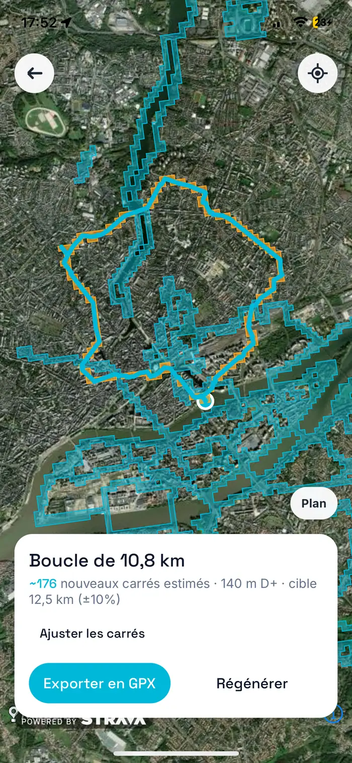 Écran RunQuest : boucle générée de 10,8 km, 176 nouveaux carrés estimés, export GPX