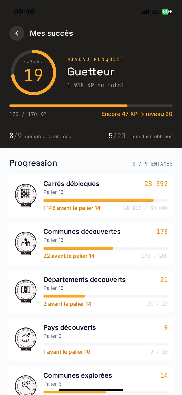 Écran RunQuest : Mes succès — niveau RunQuest 19, séries de progression et paliers