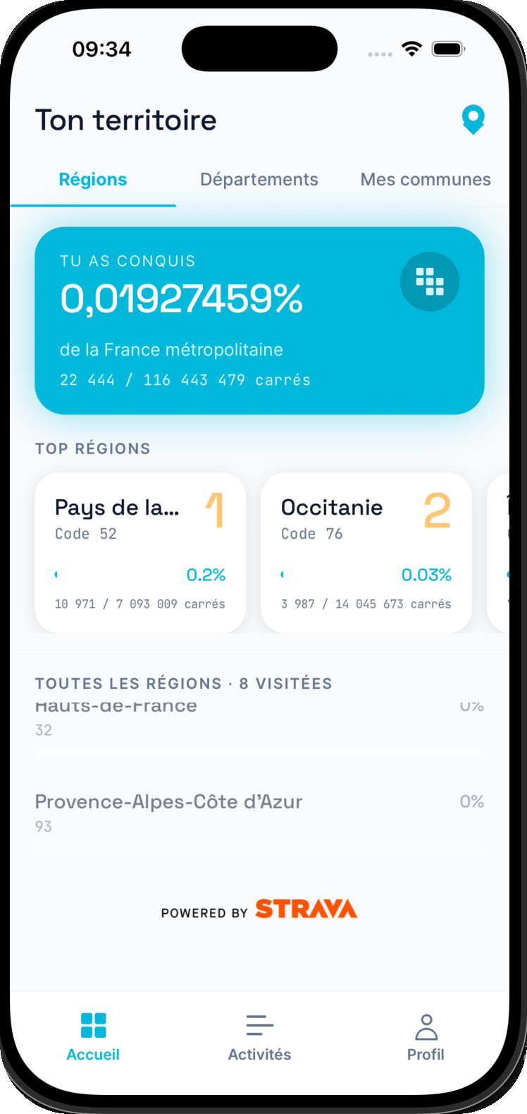 Écran Ton territoire : progression par région dans RunQuest