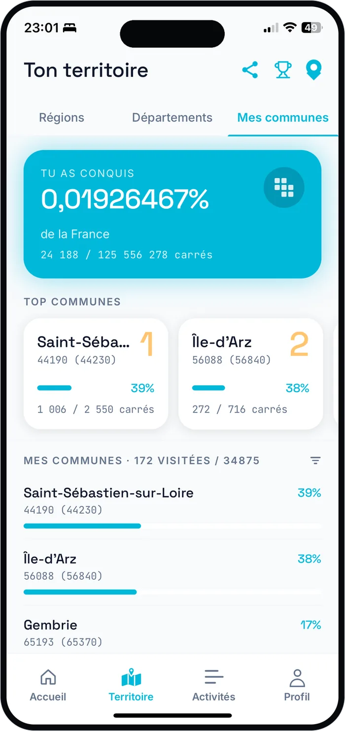 Écran de progression RunQuest : pourcentage de territoire conquis et classement de ses communes