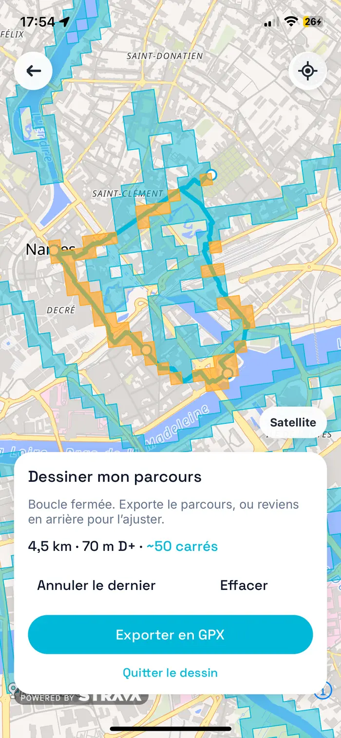 Écran RunQuest : tracé manuel d'un parcours — 4,5 km, 70 m D+, ~50 carrés estimés, export GPX
