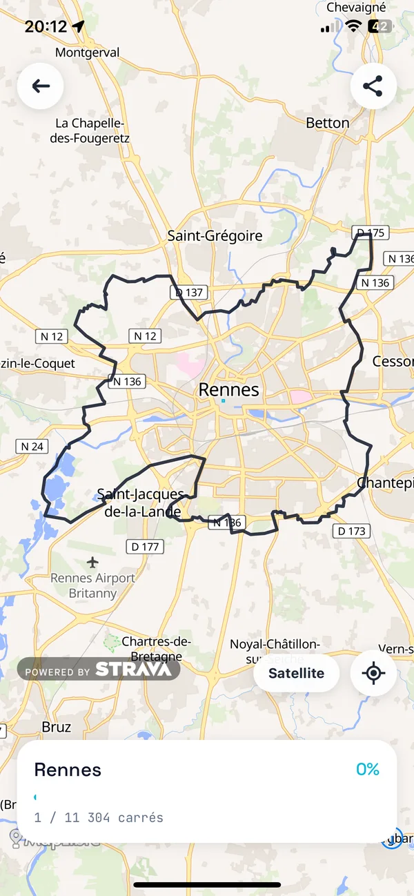 Rennes dans RunQuest : le contour de la commune sur la carte